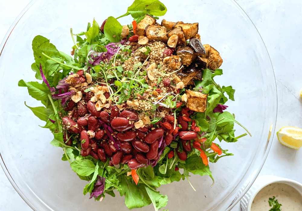 Sometimes the easiest way to load up on superfoods is in a big salad, as shown here. This salad includes all the everyday superfood groups.