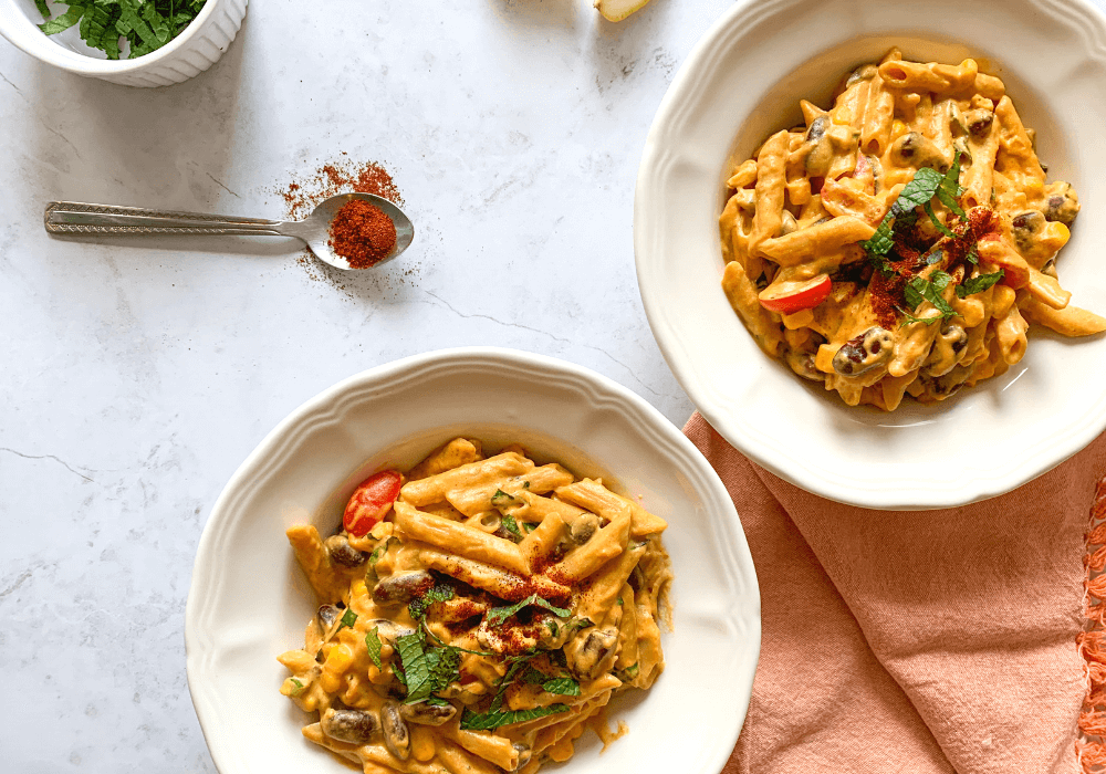 This image shows a plant-based meal of mac and cheese that would be a good option for people learning how to eat more plant-based meals. 