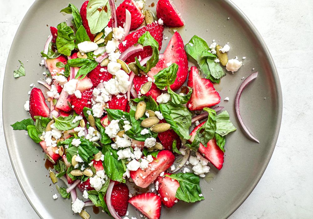 This image shows a close of the Strawberry Basil and Feta Salad.