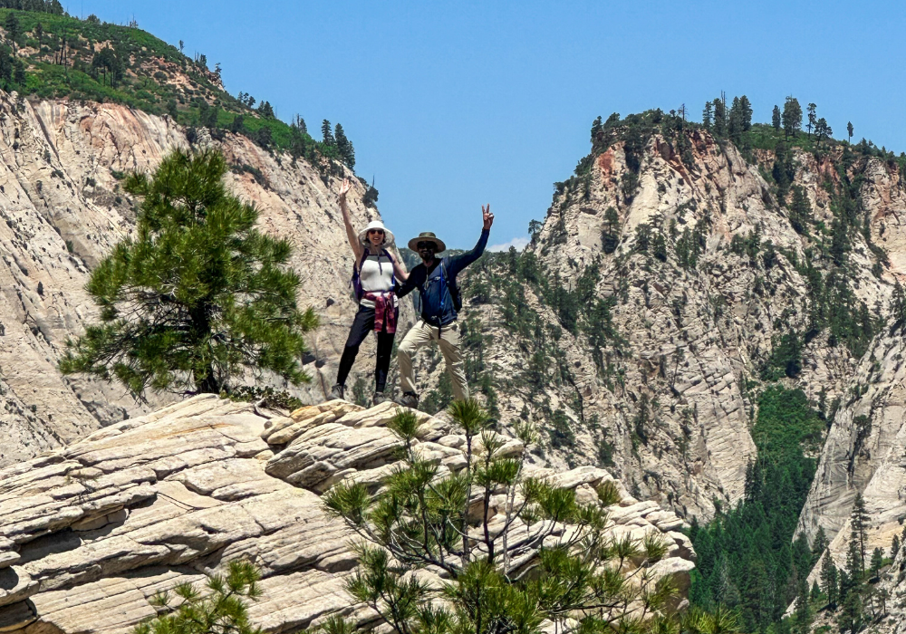Image shows the couple standing on a mountain top with arms raised in Zion National Park.