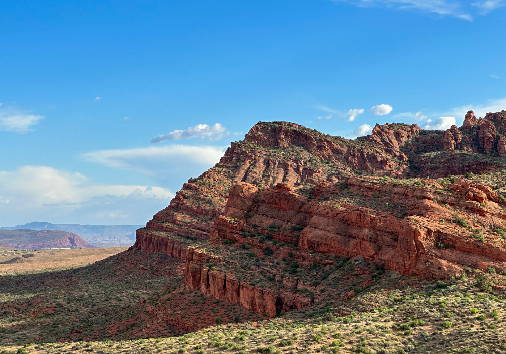 Image from our plant-based camping trip taken in Red Cliffs, Utah. Image shows red earth, small green shrubs, and large red rock cliffs in the background against a blue sky.