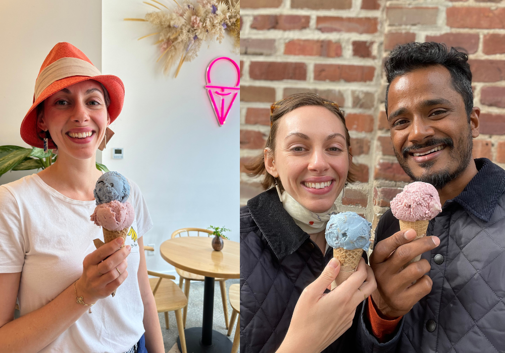 This image shows some of the scenery and ice cream flavors at Off Track, an ice cream place that offers plant-based options in Charleston.